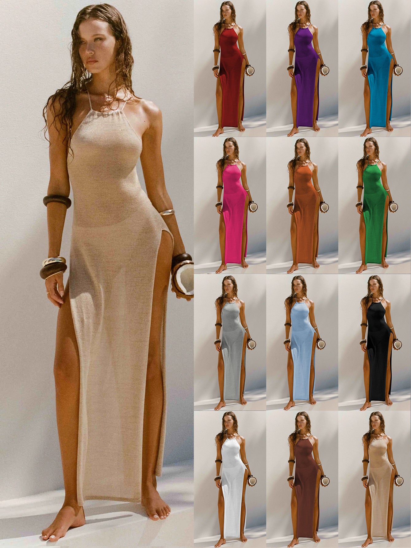 S4R-Strappy Halterneck Long Dress With Double Side Slits Design Fashion Summer Vacation Slim Beach Dresses For Womens Clothing