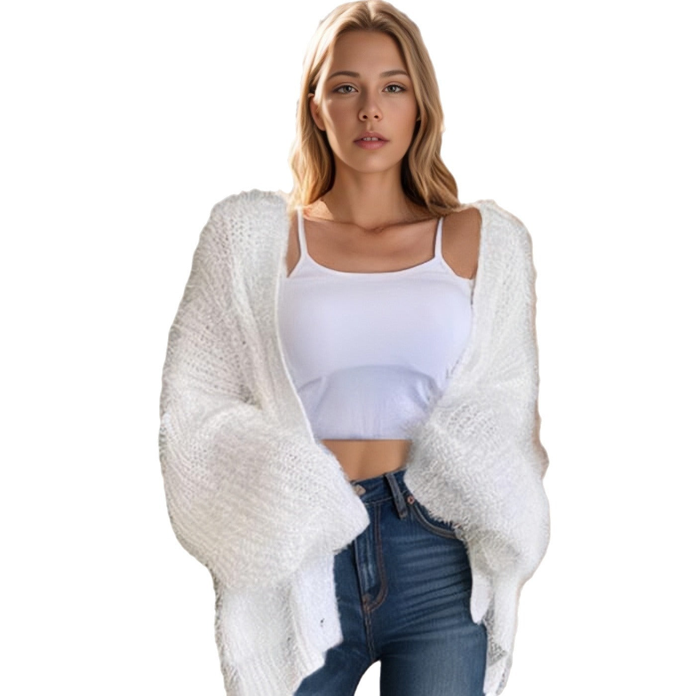 S4R-European And American Furry Cardigan Solid Color Sweaters Loose Pockets Coat