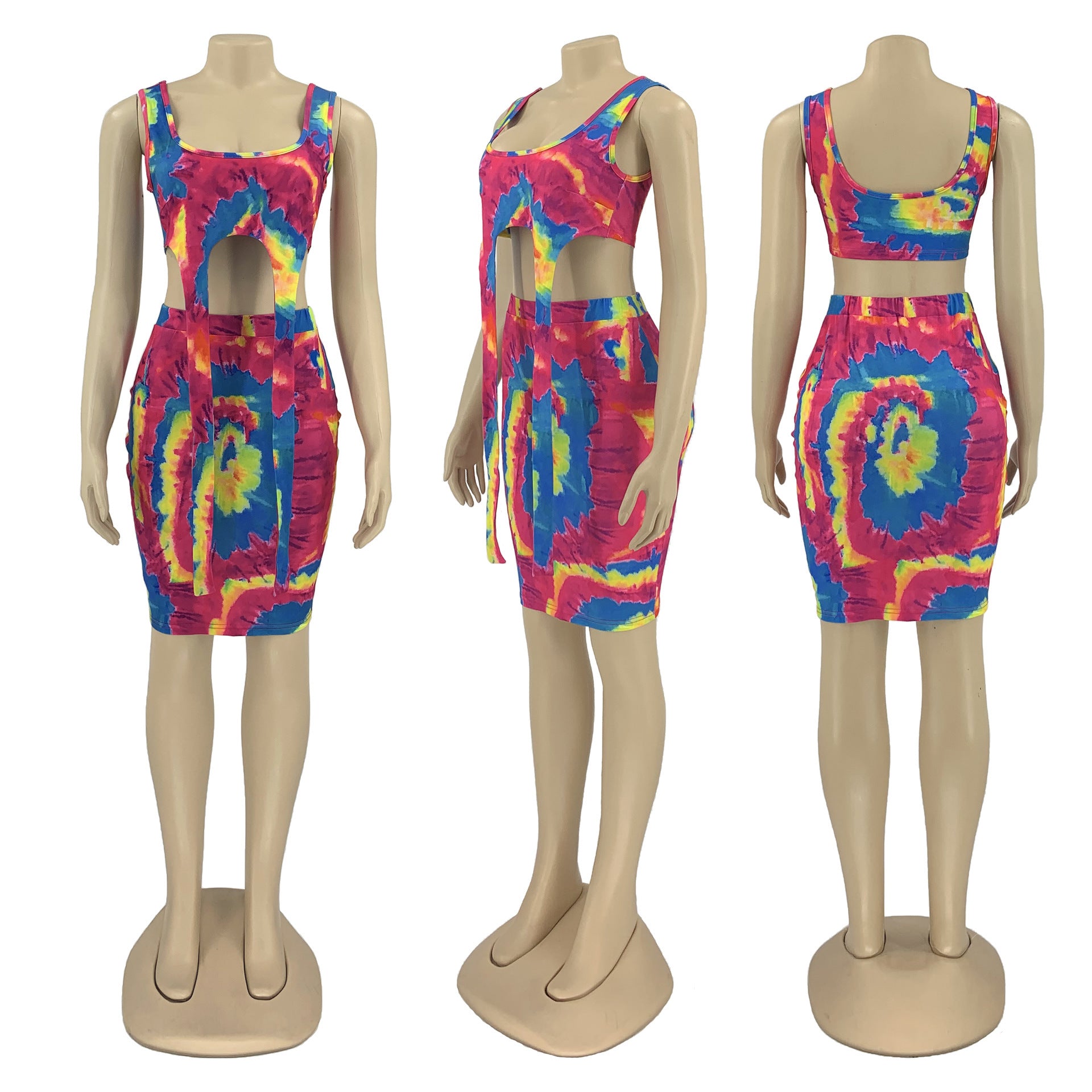 S4R-Printed Tie-dye Casual Skirt Outfit Vest Two-piece Set