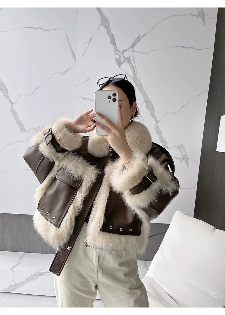 S4R-Sense Fox Fur Stitching Leather Coat