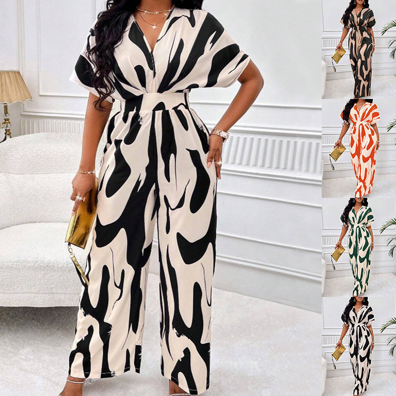 S4R-V-neck Loose Printed Long Jumpsuit