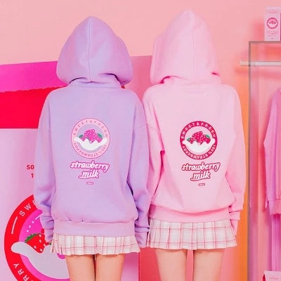 S4R-Strawberry Milk Cute Women's Casual Winter Long Sleeve Hoodies Sweatshirt Zipper Jacket Loose Style Pink & Lavendar