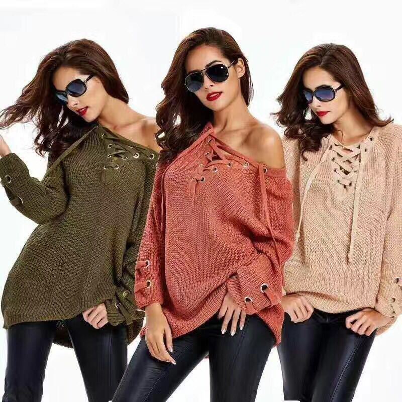 S4R-Women Sweater woman Sweaters V Neck Mesh Lace Up Sweater Striped Bandage Cross Links Tops Casual Loose Jumper
