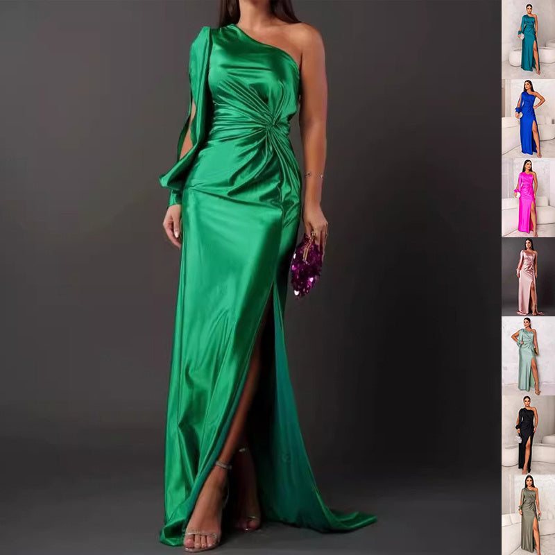 S4R-Women's One-shoulder Split Dress Ins Fashion Long-sleeved Slim Long Dresses Party Evening Clothing