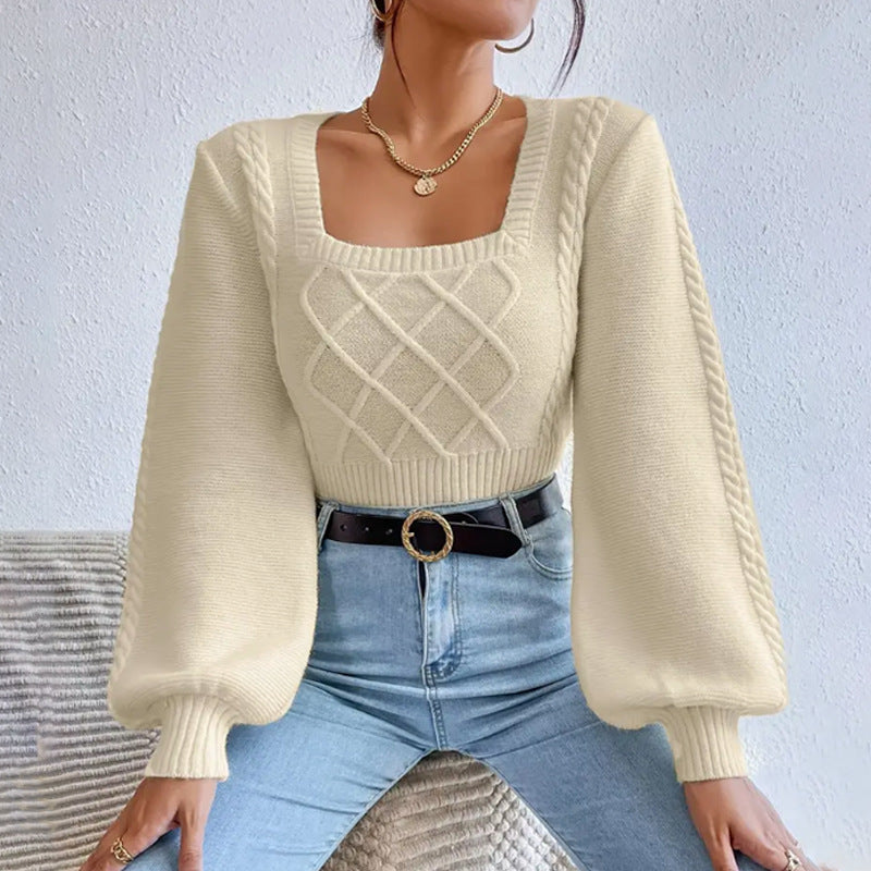 S4R-Solid Color Square Collar Sweaters Women's Clothing