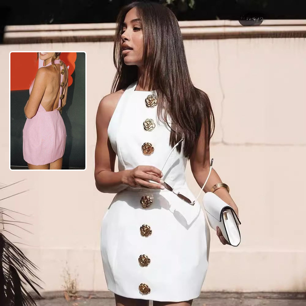 S4R-Sweet Sleeveless Backless Dress With Rose Button Design Summer Street Fashion Dresses Womens Clothing