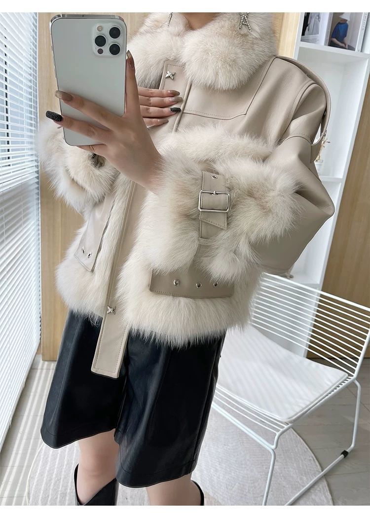 S4R-Sense Fox Fur Stitching Leather Coat