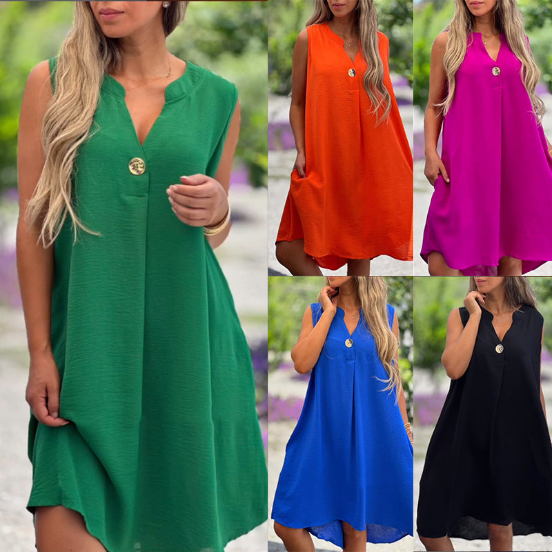S4R-Summer V-neck Sleeveless Dress With Button Decoration Solid Color Casual Loose Straight Dresses Womens Clothing