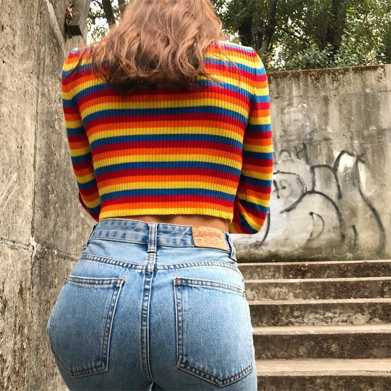 S4R-Long Sleeve Crew Neck Rainbow Striped Shape Sweater