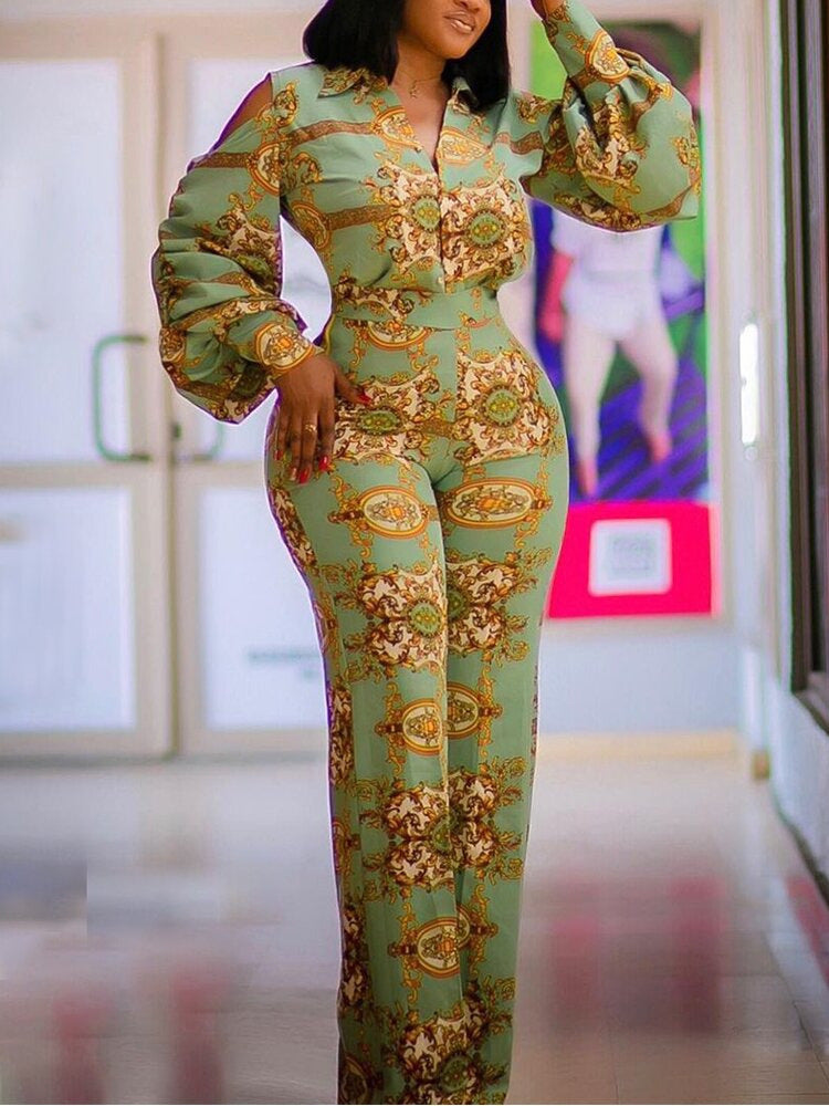 S4R-Off Shoulder Lantern Sleeve Stretch Green Digital Print Jumpsuit