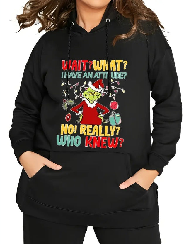 S4R-Plus Size Women's Wait What I Have An Attitude No Really Who Knew Christmas Hoodies, Womens Oversized Hoodies Long Sleeve Pullover With Pocket Fall Winter