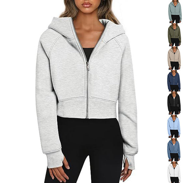 S4R-Casual Zippered Hooded Sweatshirt Fleece Sport Cardigan Fashion Hoodies Short Tops Womens Clothing