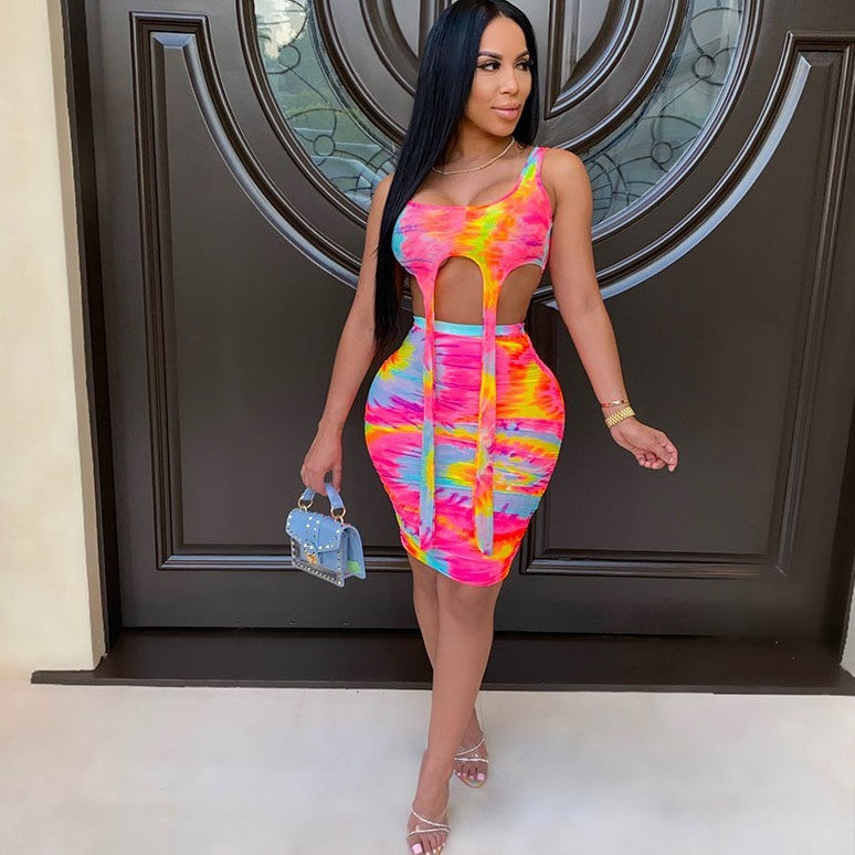 S4R-Printed Tie-dye Casual Skirt Outfit Vest Two-piece Set