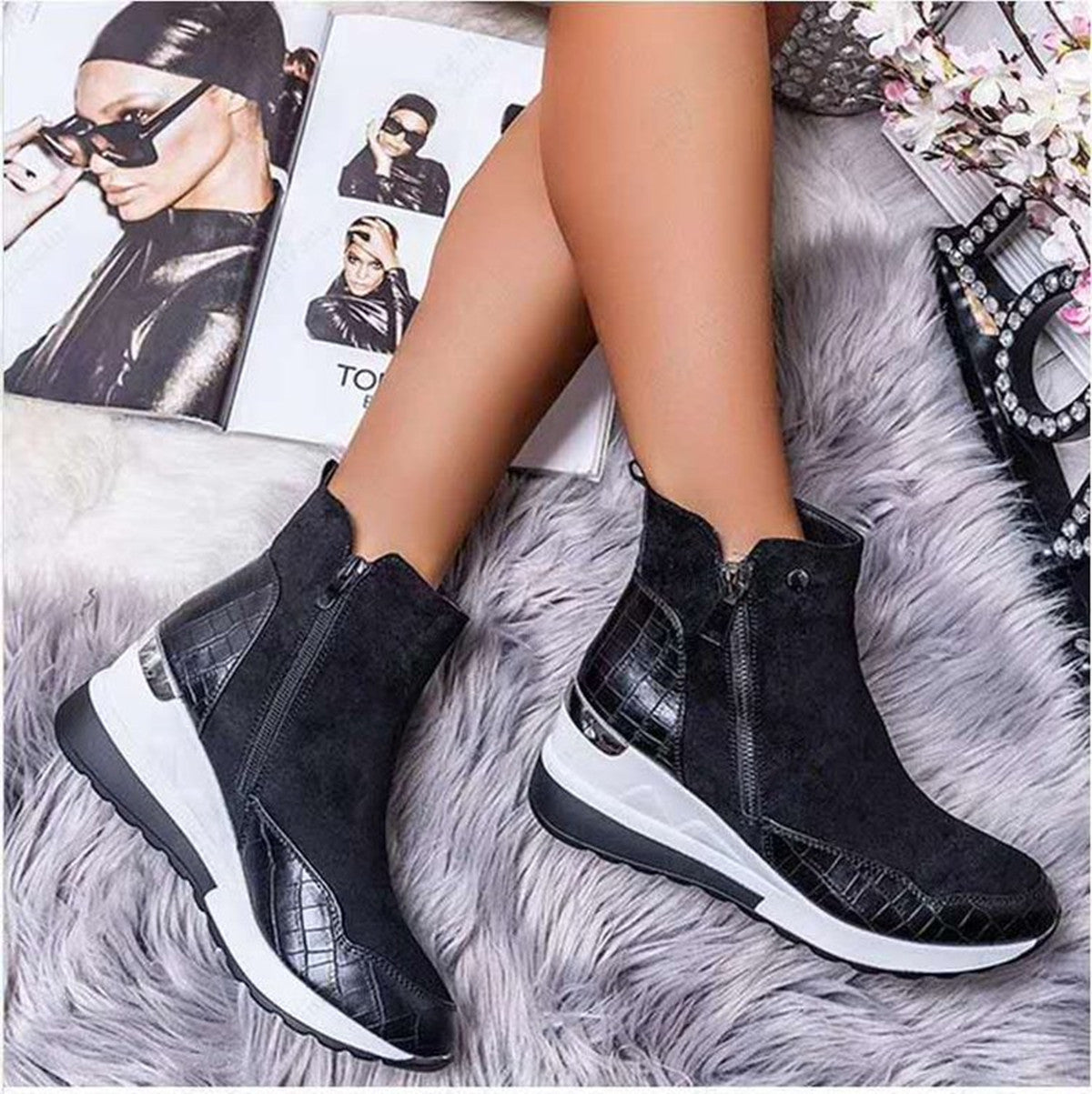 S4R-Womens Boots Shoes Wedge Suede Zipper Platform