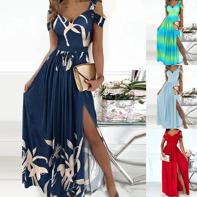 S4R-V-neck Boho Spaghetti Strap Dress Women Split Long Flowy Dresses For Party Beach