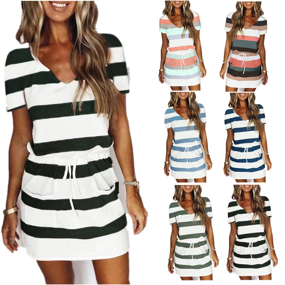 S4R-Striped Print Short-sleeved Dresses Summer Fashion V-neck Drawstring Design Short Dress Beach Womens Clothing