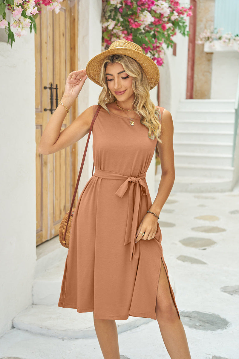 Summer Sleeveless Dress With Pockets Waist Lace-up Slits Dresses Fashion Women's Clothing