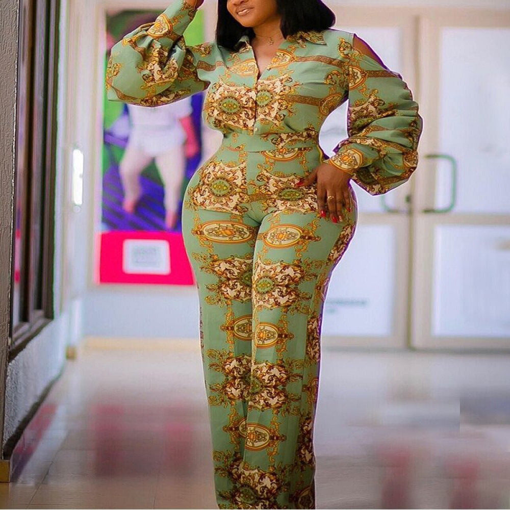 S4R-Off Shoulder Lantern Sleeve Stretch Green Digital Print Jumpsuit