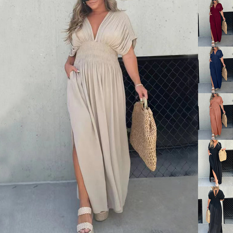 S4R-Fashion Bat-sleeved V-neck Slit Dress Summer Short Sleeve Elastic Waist Long Dresses Womens Clothing