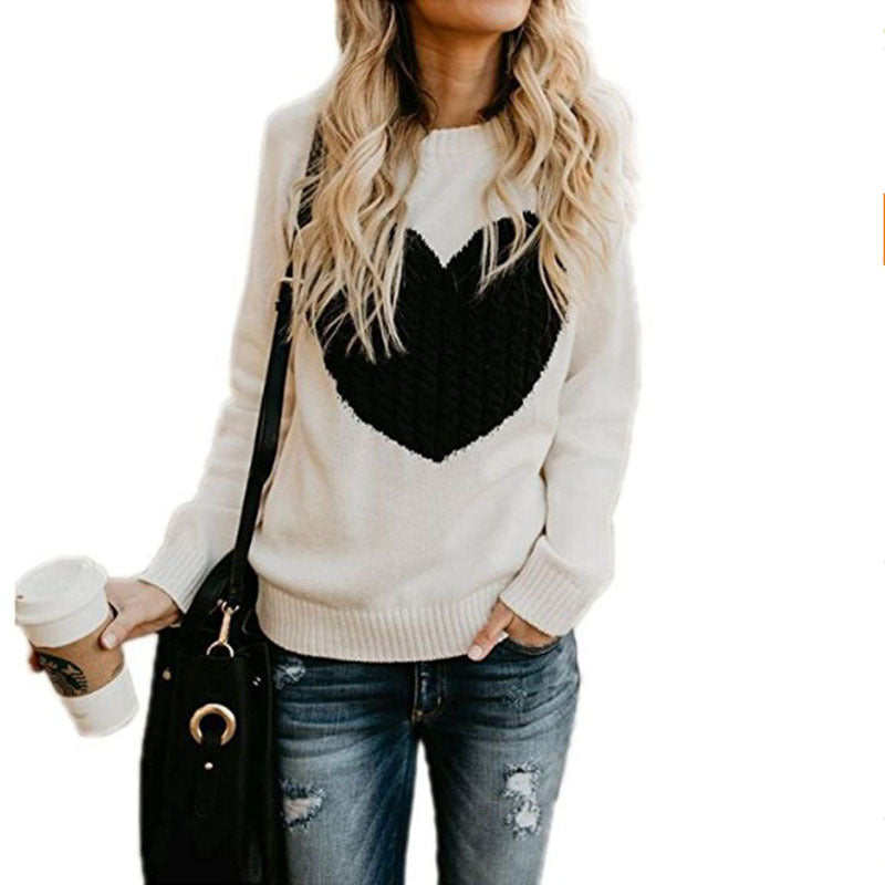 S4R-Autumn Winter Women Sweaters Heart Pattern Printed Long Sleeve Tops O-Neck Lovely Pullovers Knitted Loose Sweaters Tops
