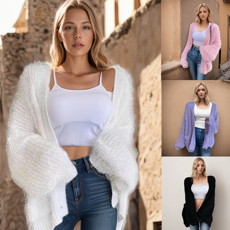 S4R-European And American Furry Cardigan Solid Color Sweaters Loose Pockets Coat