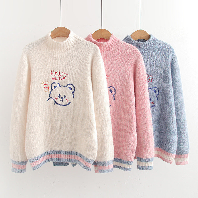 S4R-Women's Loose Cartoon Embroidery Half Turtleneck Pullover