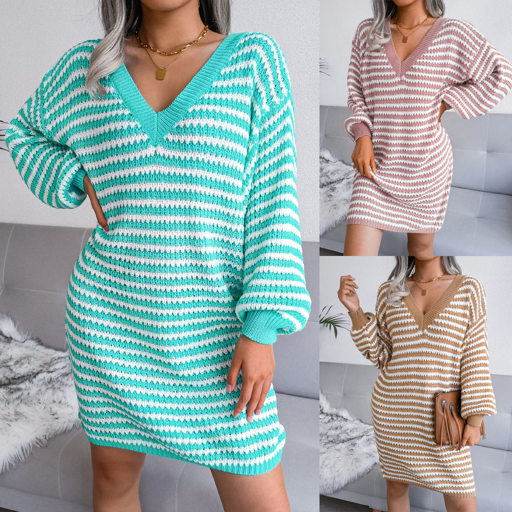 S4R-Ins Striped Sweater Dress V-neck Long Sleeve Dresses For Women