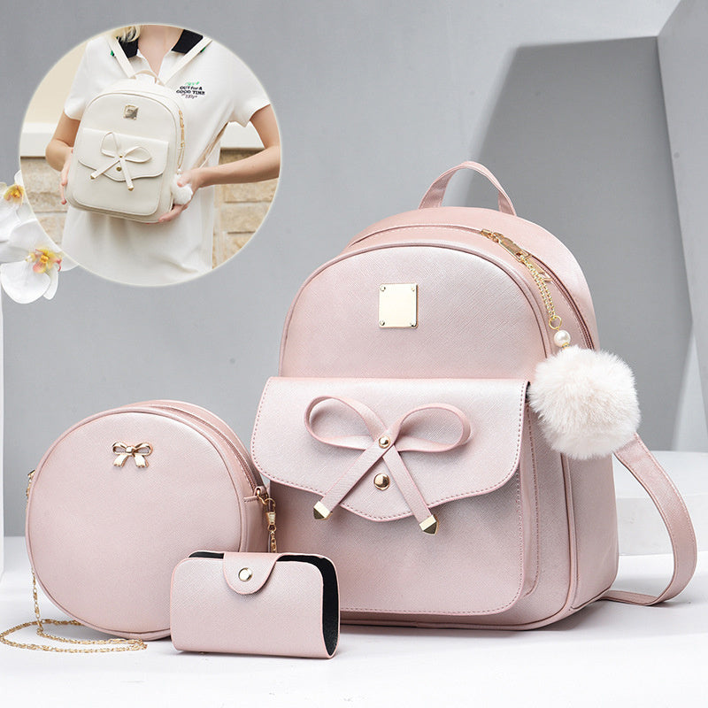 S4R-Fashion Women's Bags PU Bow Composite Bag Young Girl Student Cute Shoulders Backpack Crossbody Bags Coin Purse 3pcs Set