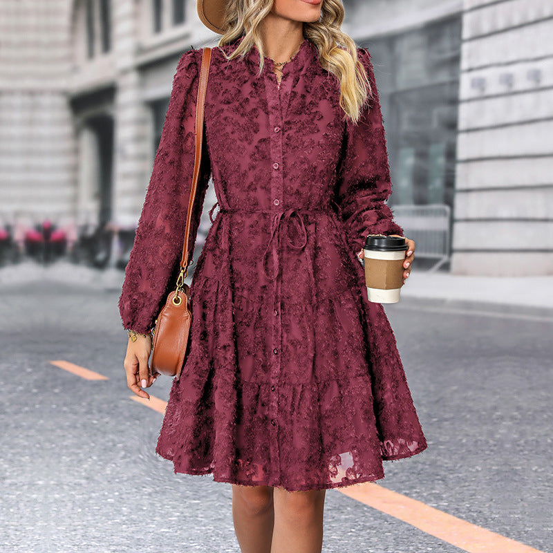 S4R-Lace Tied Long Sleeve Dress Fashion Medium Length Dresses Women's Clothing
