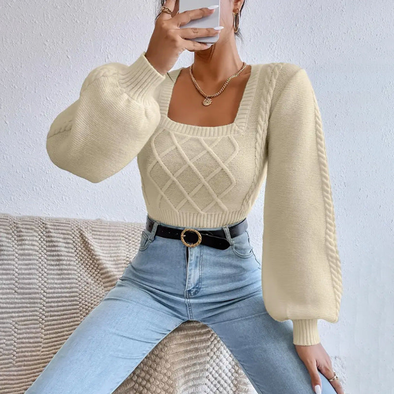 S4R-Solid Color Square Collar Sweaters Women's Clothing