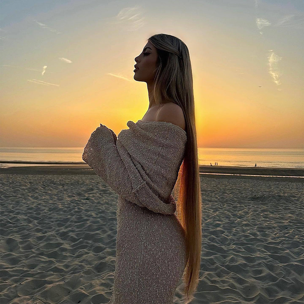 S4R-New One-shoulder Knitted Long-sleeved Dress Sexy Beach Holiday Long Dresses Womens Clothing
