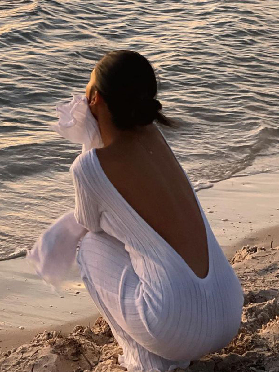 S4R-Fashion Slim Long-sleeved Ruffled Long Dress Sexy Hip-wrapped Back-less Knitted Maxi Dresses For Party Beach Womens Clothing