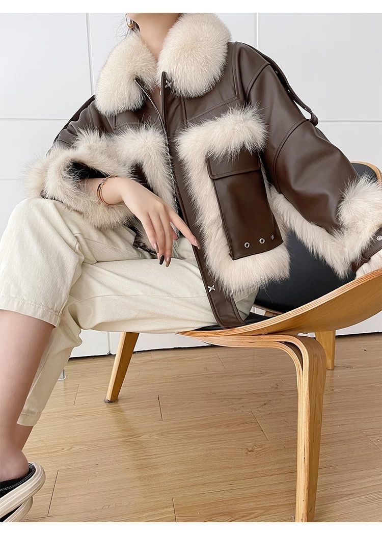 S4R-Sense Fox Fur Stitching Leather Coat