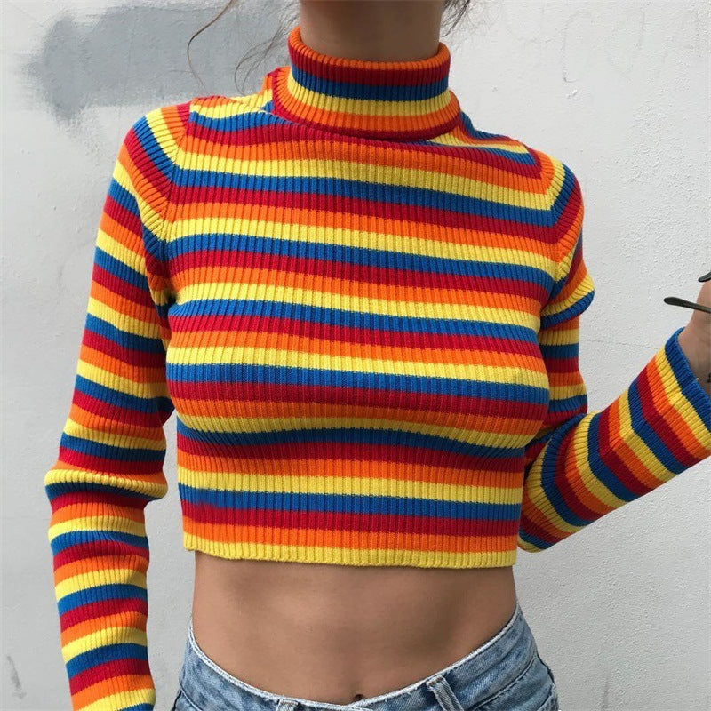S4R-Long Sleeve Crew Neck Rainbow Striped Shape Sweater