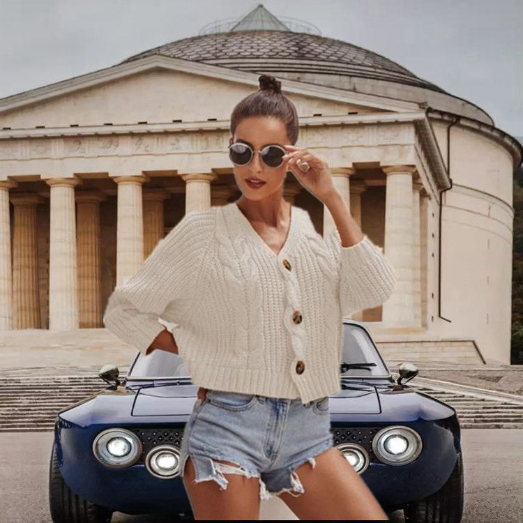 S4R-Autumn And Winter Button Solid Color Sweaters Short Loose