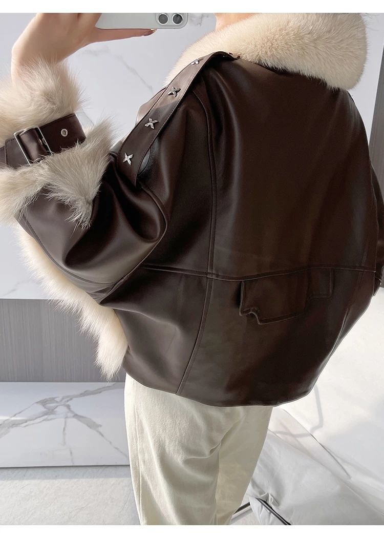 S4R-Sense Fox Fur Stitching Leather Coat