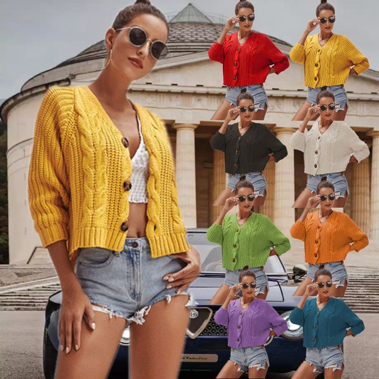 S4R-Autumn And Winter Button Solid Color Sweaters Short Loose