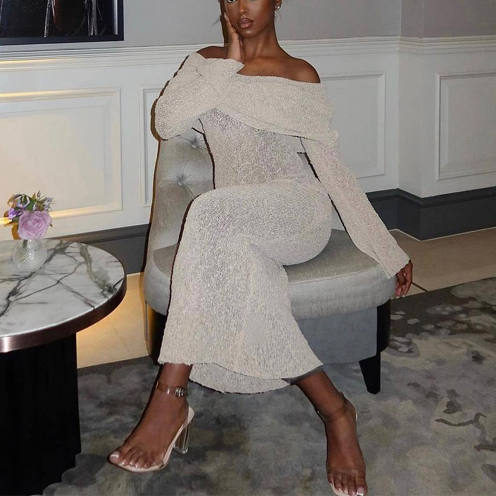 S4R-New One-shoulder Knitted Long-sleeved Dress Sexy Beach Holiday Long Dresses Womens Clothing