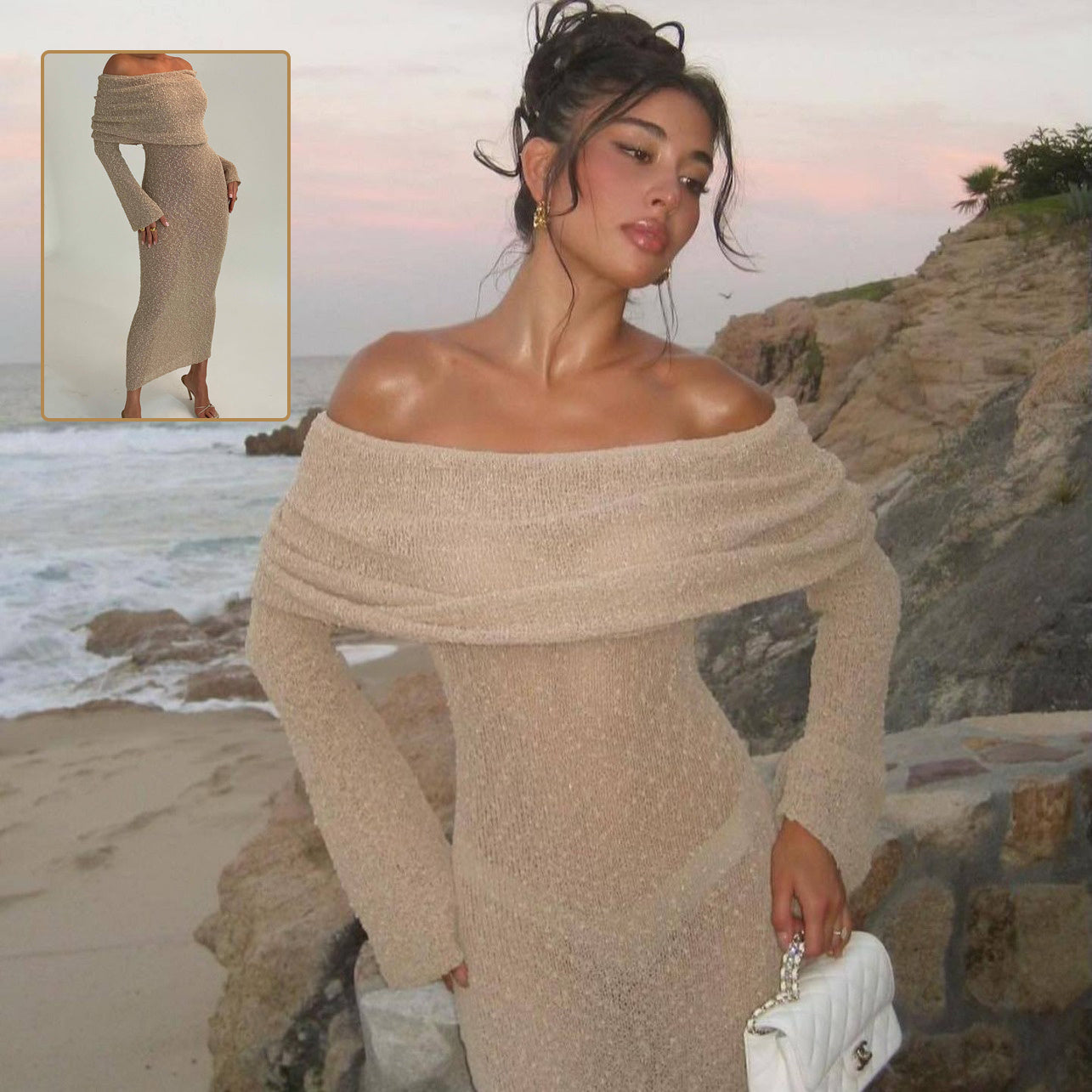 S4R-New One-shoulder Knitted Long-sleeved Dress Sexy Beach Holiday Long Dresses Womens Clothing