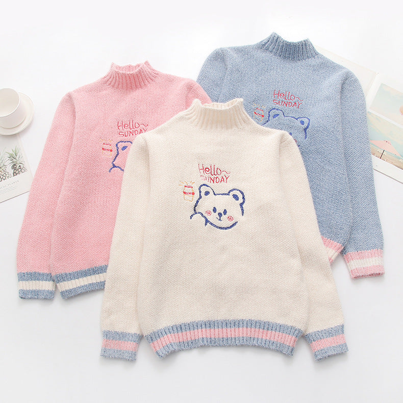 S4R-Women's Loose Cartoon Embroidery Half Turtleneck Pullover