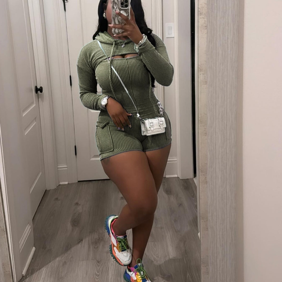 S4R-Women's Wear Long Sleeve Hooded Solid Color Suspender Tight One-piece Shorts Two-piece Set