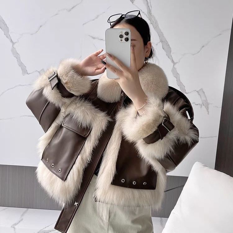 S4R-Sense Fox Fur Stitching Leather Coat