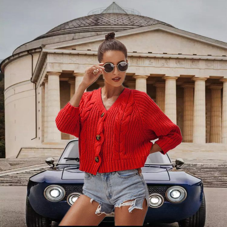 S4R-Autumn And Winter Button Solid Color Sweaters Short Loose