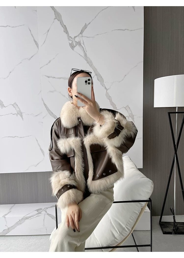 S4R-Sense Fox Fur Stitching Leather Coat