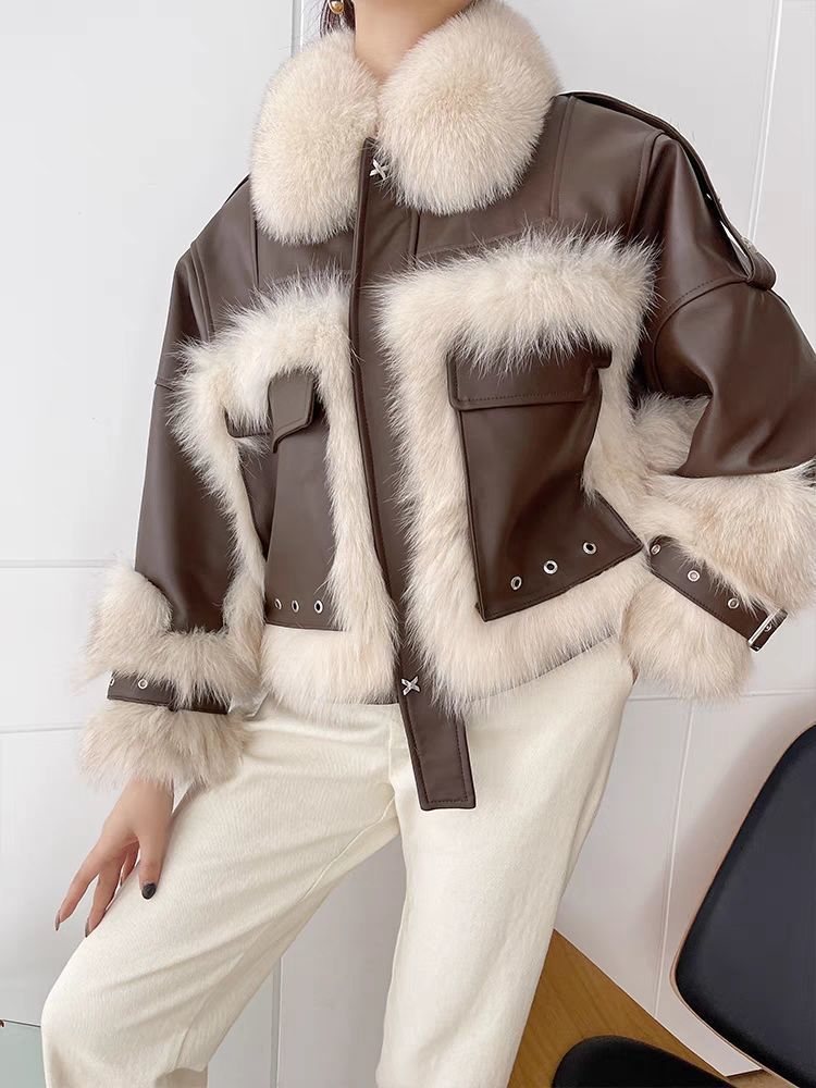 S4R-Sense Fox Fur Stitching Leather Coat
