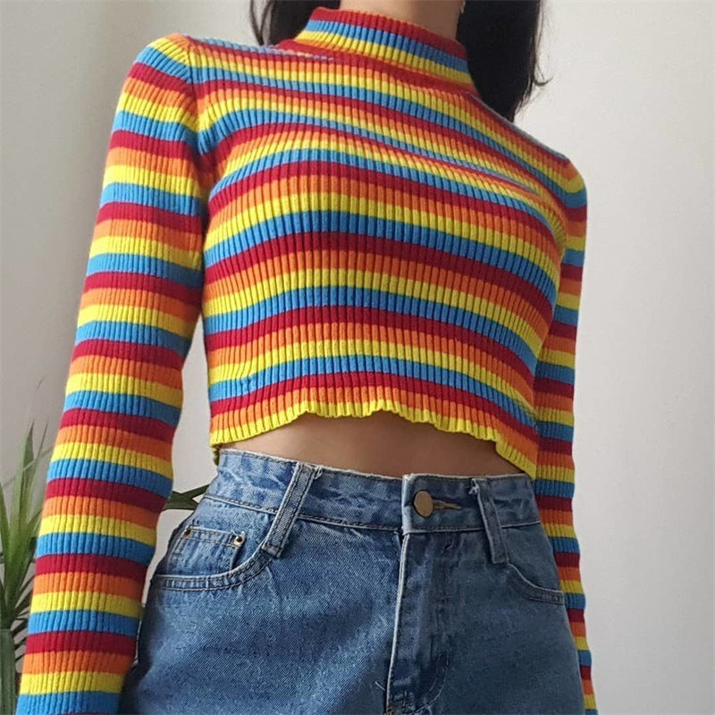 S4R-Long Sleeve Crew Neck Rainbow Striped Shape Sweater