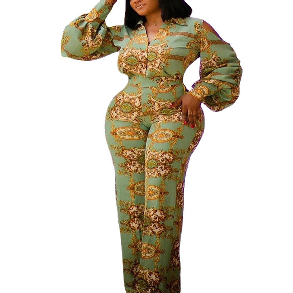 S4R-Off Shoulder Lantern Sleeve Stretch Green Digital Print Jumpsuit