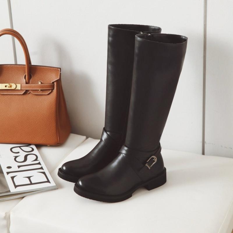 S4R-Womens Boots Shoes Flat Knee High Pu Leather  Buckle Riding Calf