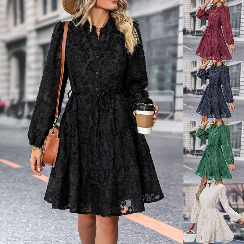 S4R-Lace Tied Long Sleeve Dress Fashion Medium Length Dresses Women's Clothing