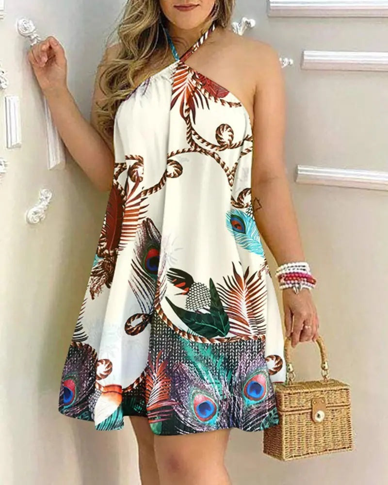 S4R-Printed Dress Summer Off-Shoulder Hanging Neck Sleeveless Sexy Dresses Women
